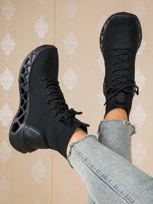 Của phụ nữ Đơn giản & Đúng mốt Giải trí Đen Dệt kim Vớ Giày dép Với Coa dây Đáy - Giày lười Giày ống Ngắn - màu đen - Xem 5