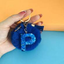 1 Pc Alphabet Initial Letter Keychain Cute Plush Key Chain Cute Sequins Resin Key Chain Ring Bag Backpack Charm Car Hanging Pendant Women Girls Gift Wallet And Handbag Accessories Keychain With Tassels Alphabet Initial Letter A-Y Plush Keychain Plushie Pom Poms - Blue - View 10