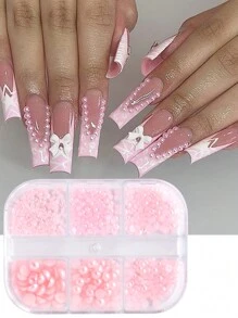 6格粉色树脂珍珠美甲装饰套装，3D半圆形混合尺寸珍珠美甲装饰，DIY美甲配件，婚礼饰品，美甲宝石，美甲用品 - 粉色 - 查看 5