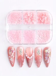 6格粉色树脂珍珠美甲装饰套装，3D半圆形混合尺寸珍珠美甲装饰，DIY美甲配件，婚礼饰品，美甲宝石，美甲用品 - 粉色 - 查看 2