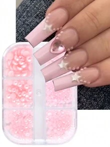 6格粉色树脂珍珠美甲装饰套装，3D半圆形混合尺寸珍珠美甲装饰，DIY美甲配件，婚礼饰品，美甲宝石，美甲用品 - 粉色 - 查看 1
