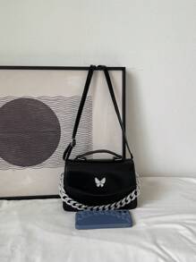 Minimalist Solid Color Bowknot Design Handbag With Chunky Chain Strap Valentines - Black - View 5