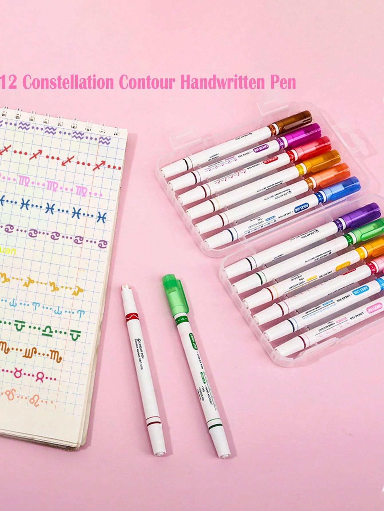 12pcs Constellation Outline Curved Pens, DualLine Wave Highlighter