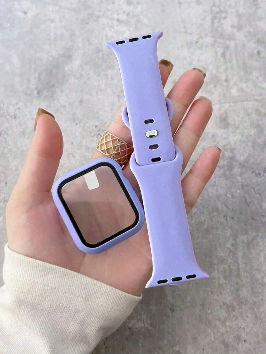 二合一表带和表壳套装，紫色柔软舒适硅胶运动表带，超薄钢化玻璃屏幕保护膜，兼容 Series Ultra/SE/11/10/9/8/7/6/5/4/3/2/1，兼容 表带 38/40/41/42/44/45/46/49 毫米