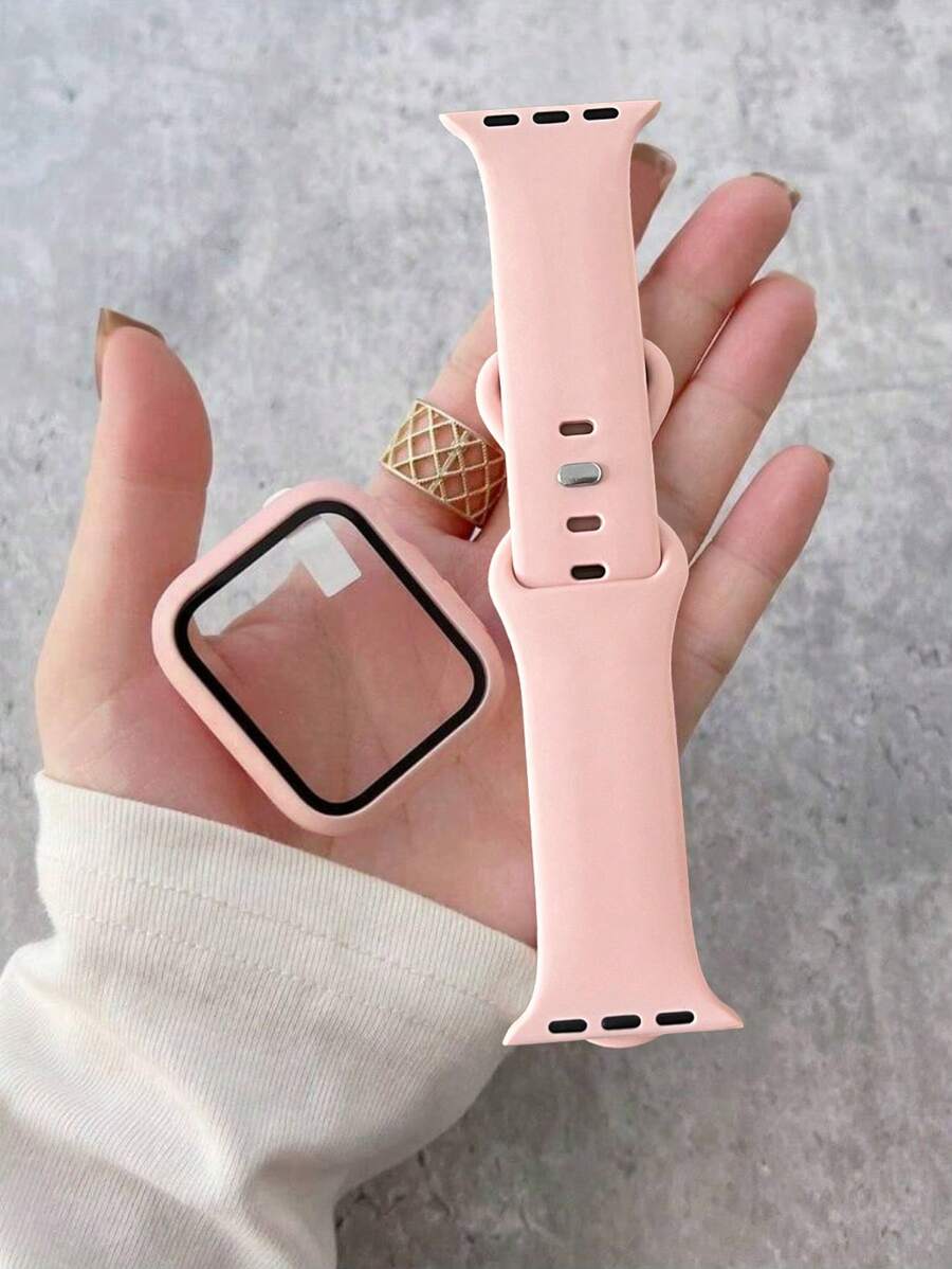 二合一表带和表壳套装，粉色柔软舒适硅胶运动表带，超薄钢化玻璃屏幕保护膜，兼容 Series Ultra/SE/11/10/9/8/7/6/5/4/3/2/1，兼容 表带 38/40/41/42/44/45/46/49 毫米