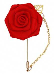 1pc Groom's Satin Lapel Pin With Chain, Golden Leaf & Rose Design For Men's Suit, Suit Decoration For Groomsman, Best Man, Dancing Party, Banquet Valentine's Day Valentines