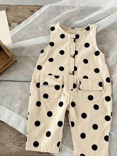 Baby Girl Polka Dot Flap Pocket Button Front Jumpsuit