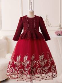Tween Girl Red Embroidered Mesh Dress Suit With Jacket, New Year Outfit - Burgundy - View 1