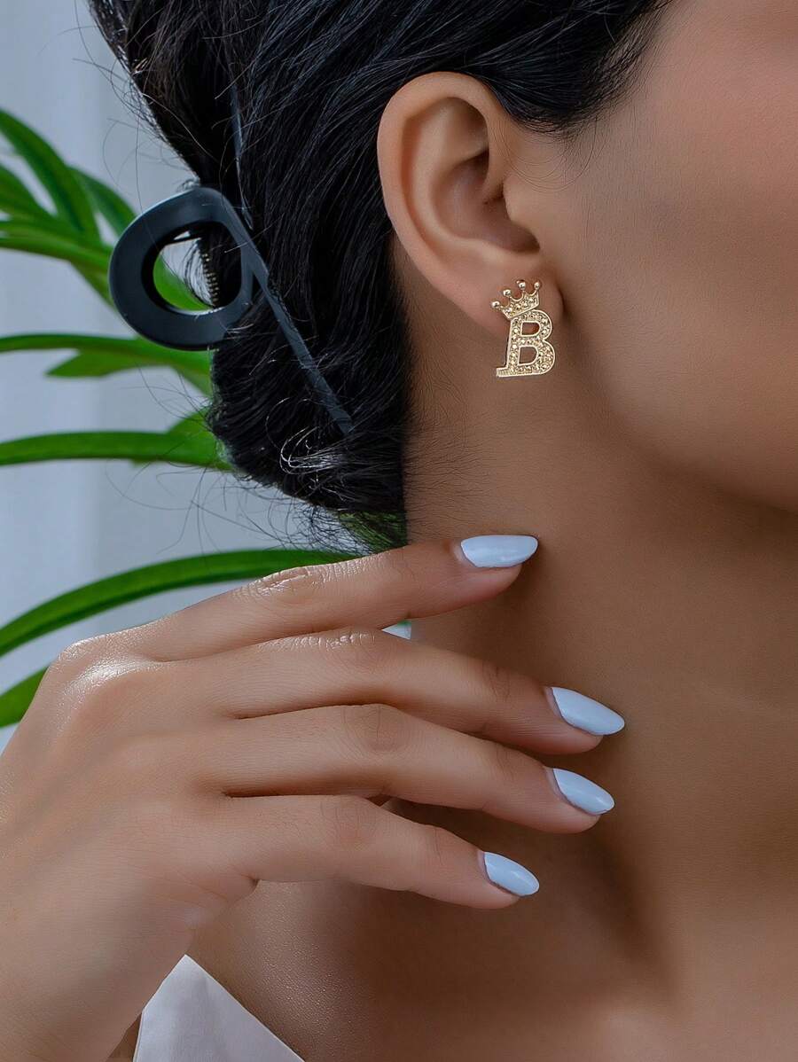 1對時尚優雅幾何圖形皇冠和26個字母吊墜耳釘/耳環,適合節日佩戴 - 金黃色 - 查看 1