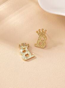 1對時尚優雅幾何圖形皇冠和26個字母吊墜耳釘/耳環,適合節日佩戴 - 金黃色 - 查看 4