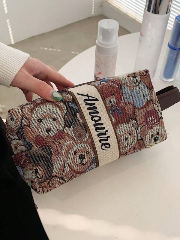 Women's Polyester Fabric Cute Bear Printed Handheld Square Makeup Bag, Fashionable Portable Large Capacity Outdoor Home Cosmetic Bag With Mesh Compartment Makeup Bags Makeup Organizer Make Up Organizer Makeup Storage