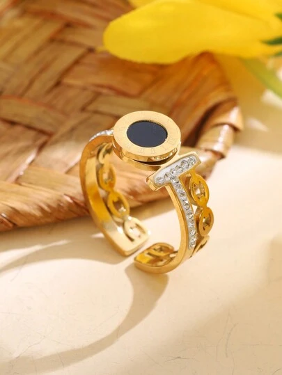 1個時尚優雅簡約金色鍍不鏽鋼戒指,流行配飾,派對/約會/母親節的創意禮物,適合女性/女孩