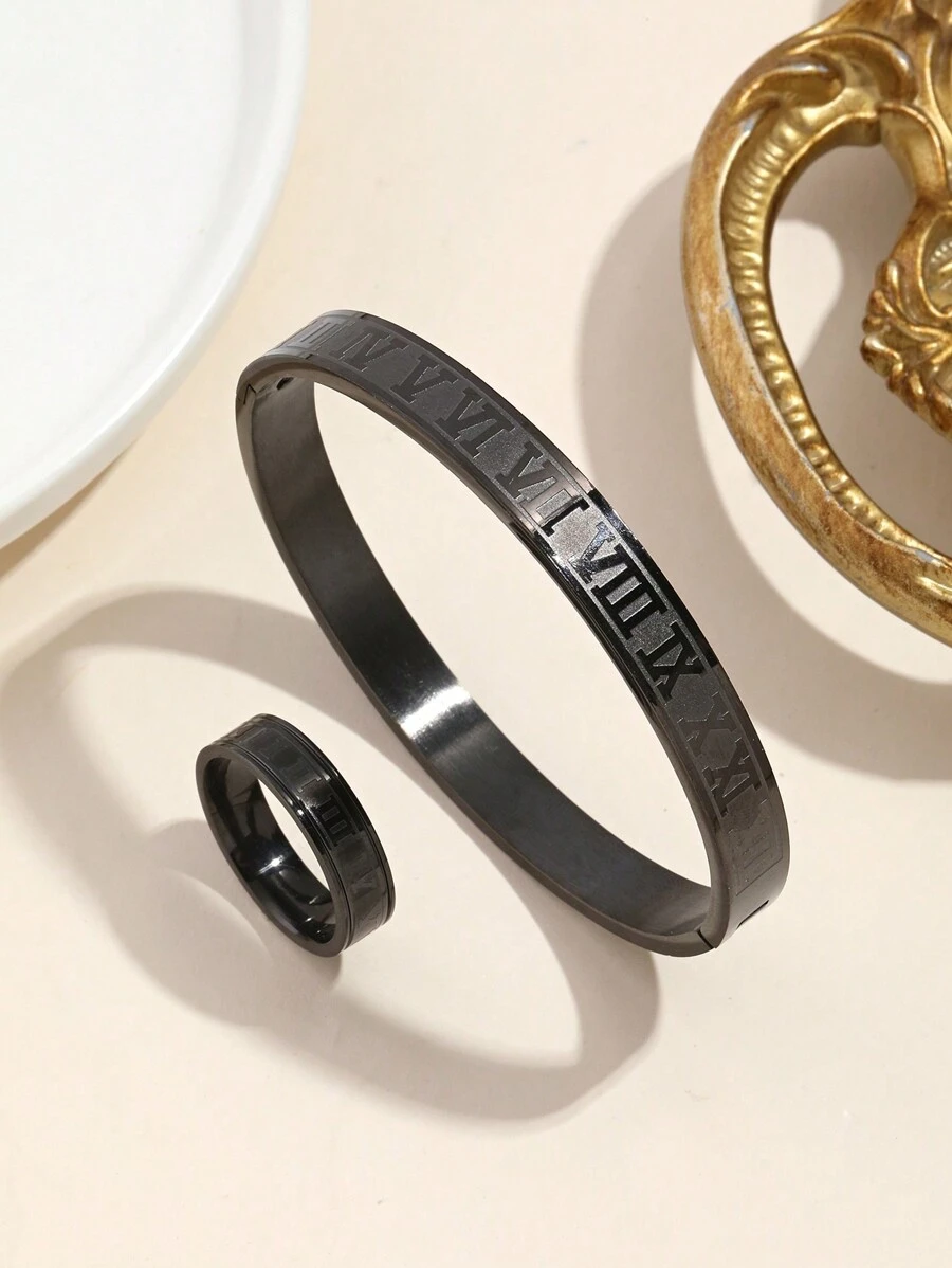 Bộ 2 món trang sức bằng thép không gỉ khắc số La Mã, thích hợp để đeo hàng ngày hoặc làm quà tặng. - màu đen - Xem 1