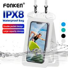 FONKEN 1個白色通用雙鉤防水袋水下透明手機盒觸屏干袋,配有頸掛繩,適用於6.7英寸以下的手機