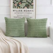 2 Packs Sage Green Throw Pillow Covers 18x18 Inch For Living Room Couch Bed Sofa, Decorative Pillow Covers Soft Striped Corduroy Square Cushion Case Rustic Farmhouse Boho Spring Home Decor - màu xanh lá - Xem 1