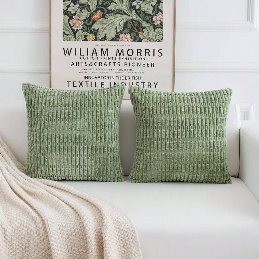 2 Packs Sage Green Throw Pillow Covers 18x18 Inch For Living Room Couch Bed Sofa, Decorative Pillow Covers Soft Striped Corduroy Square Cushion Case Rustic Farmhouse Boho Spring Home Decor - màu xanh lá - Xem 1
