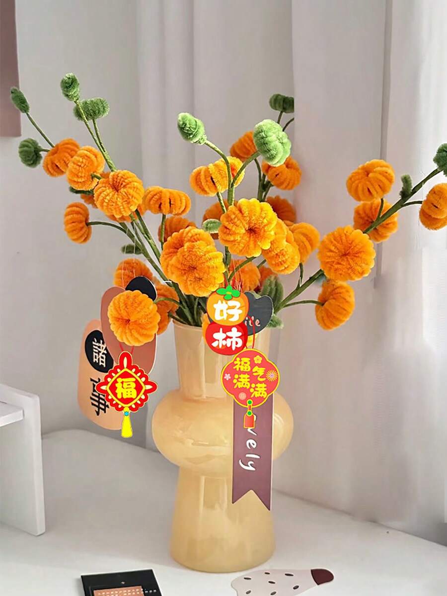1入組DIY手工捻棒柿子如意花束加密毛根條柿樹全套材料包，情人節禮物小禮物 - 彩色 - 查看 1