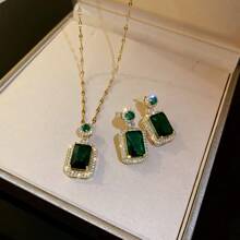 3 件/套婚礼珠宝精致水晶玻璃方形项链耳环戒指绿宝石三件套新款伴娘珠宝适合年轻女孩日常佩戴。 - 綠色 - 查看 2