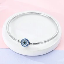 1pc Silver-Plated Shiny Blue & White Cubic Zirconia Evil Eye Charm Basic Soft Bangle Snake Bone Bracelet - Silver - View 2