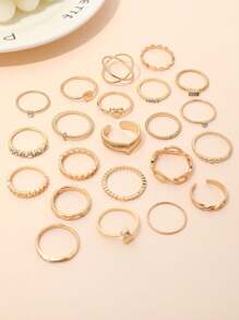 22pcs Diamond Decor Bohemia Style Heart & Geometric Shape Design Ring Set, Perfect For Women's Daily Wear - Gold - View 2