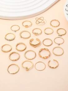 22pcs Diamond Decor Bohemia Style Heart & Geometric Shape Design Ring Set, Perfect For Women's Daily Wear - Gold - View 3