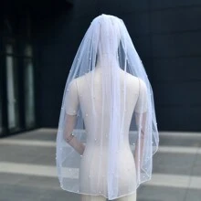 Affordable Bridal Wedding Veil, Short Length With Pencil Edge & Pearls, 1pc Fall Clothes For Women - Multicolor - View 11