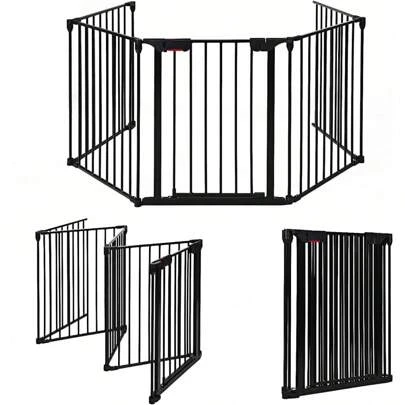 Foldable Gate For Children/Dogs/Cats, Fireplace Gate With Safety Door, Metal Stove Gate, Playpen/Safety Gate, 5 Elements, Black