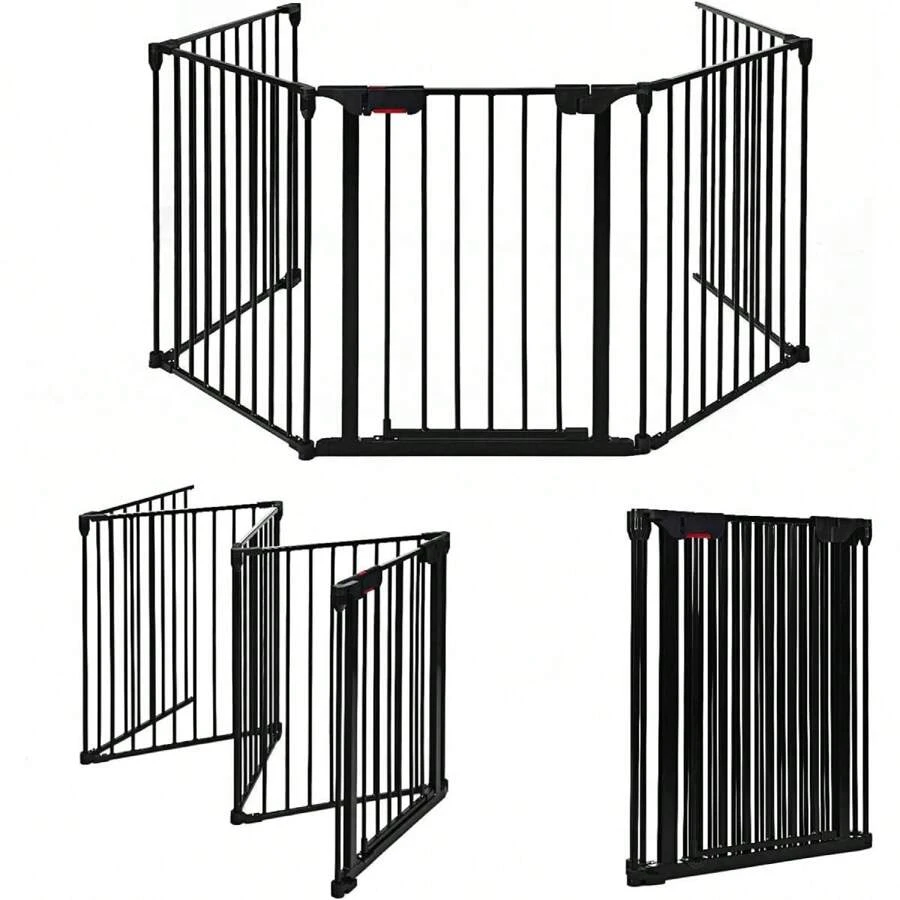 Foldable Gate For Children/Dogs/Cats, Fireplace Gate With Safety Door, Metal Stove Gate, Playpen/Safety Gate, 5 Elements, Black - Black - View 1