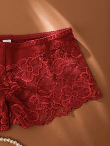 3 条装 花卉蕾丝扇贝边内裤 - 酒紅色 - 查看 5
