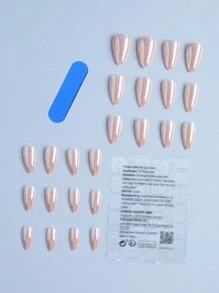 24入組短杏仁形鏡面效果假指甲，包含1支修甲文件和1支果凍膠，隨貼即用假指甲，指甲美容工具
