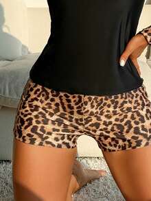 Đồ bơi nữ họa tiết da báo chắp vá tay dài đồ bơi áo phông và quần short tankini bộ đồ bơi, cho bãi biển mùa hè - màu đen - Xem 4