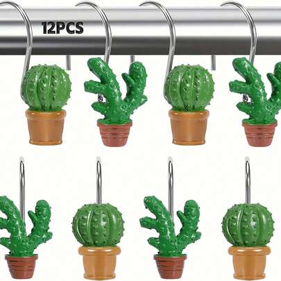 12pcs Rust-Proof Shower Curtain Hooks, Metal Decorative Shower Curtain Rings, Stainless Steel Shower Curtain Rod Hooks, Tropical Summer Resin Cactus Bathroom Accessories