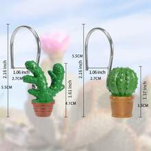 12pcs Rust-Proof Shower Curtain Hooks, Metal Decorative Shower Curtain Rings, Stainless Steel Shower Curtain Rod Hooks, Tropical Summer Resin Cactus Bathroom Accessories - Green - View 3