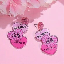 1副玫瑰紅色心形設計be Mine U R Cute Love U印花掛式耳環trio耳環可愛風格情人節禮物 - 粉色 - 查看 7