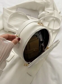 小型時尚拼接斜挎包,時尚圓形肩背包,女性休閒手提包與錢包 - 白色 - 查看 5