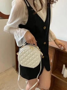 小型時尚拼接斜挎包,時尚圓形肩背包,女性休閒手提包與錢包 - 白色 - 查看 3