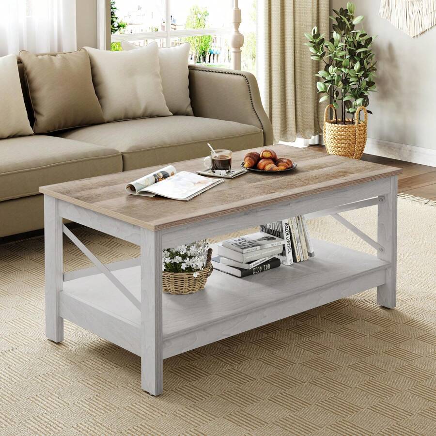 Coffee Table With Storage Shelf For Living Room,Modern Industrial Coffee Tables With 2-Tier Thicker Legs,Wood Accent Cocktail Center Coffee Table With Sturdy Frame - Beige - View 1