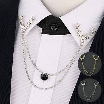 1pc Alloy Gold/Silver Tone Deer Head Collar Pin With Fringe Tassel For Men/Women's Dress Shirt,School