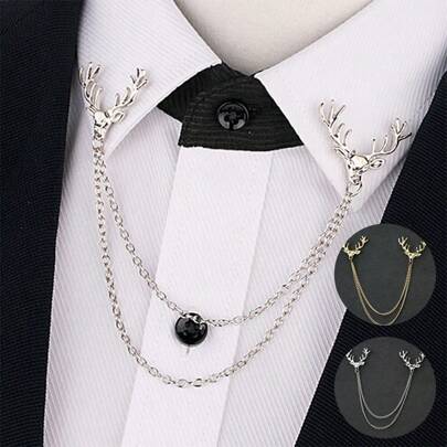 1pc Alloy Gold/Silver Tone Deer Head Collar Pin With Fringe Tassel For Men/Women's Dress Shirt,School