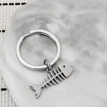 1 件可愛貓、魚骨、魚、貓吃魚合金鑰匙圈、節日和派對包吊墜 - 銀色 - 查看 9