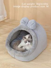 1pc Bow Decor Plush Pet Bed Puppy Keep Dog Bed Cat Bed Easy To Clean - Grey - View 4