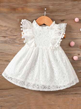 Girls Casual Hollow Out Tassel Ball Decor Cap Sleeve White Dress, Summer