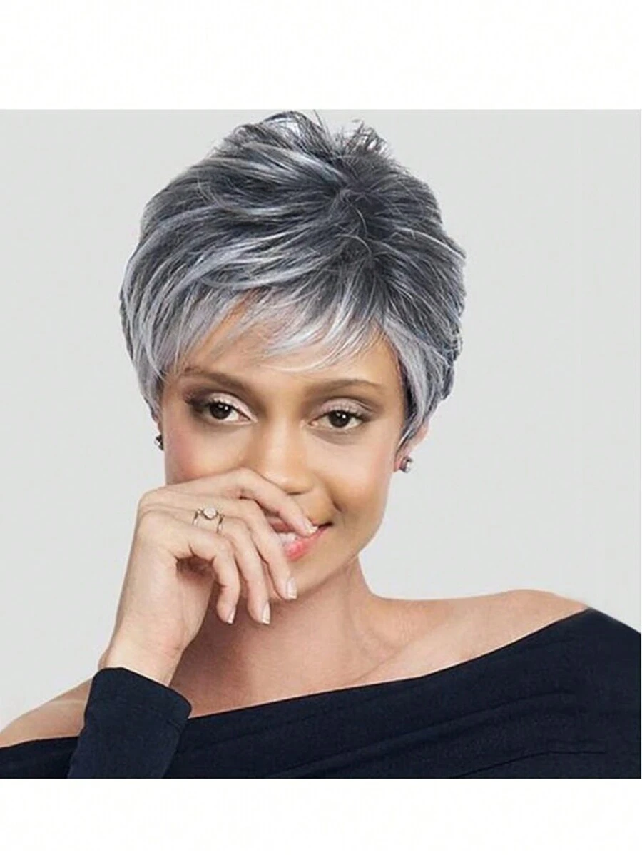 Pelucas sintéticas cortas para mujeres, cabello corto y esponjoso con color intermedio en degradado plateado natural, pelucas de belleza eternas para mujeres mayores para uso diario - Color Piano - Ver 1
