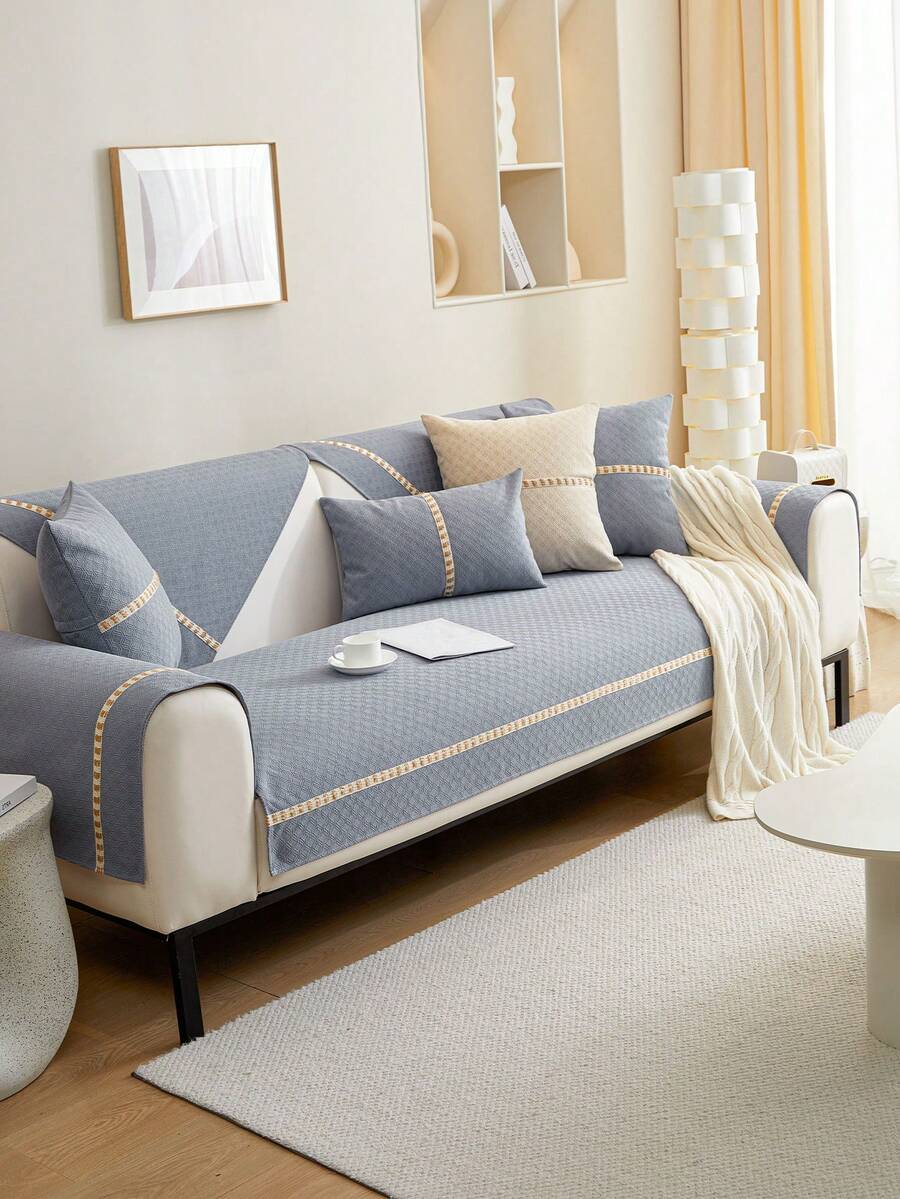 1入款毛絨製通用沙發坐墊,編織帶與蕾絲花紋裝飾,北歐極簡風格防滑沙發座套家飾 - 淺灰色 - 查看 1