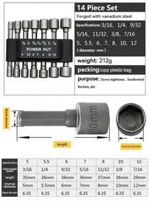 9/14 Pcs Power Nut Driver Drill Bit Set, 1/4" Hex Socket Adapter Bolt Drivers Repairing Tool Kit, Suitable For Quick Change Chuck, Electric Screwdriver, Hand Drill, Pneumatic Drill, Lithium Drill,Tool Accessories