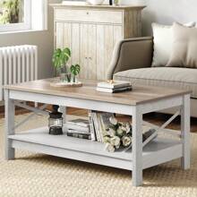 Coffee Table With Storage Shelf For Living Room,Modern Industrial Coffee Tables With 2-Tier Thicker Legs,Wood Accent Cocktail Center Coffee Table With Sturdy Frame - Beige - View 2
