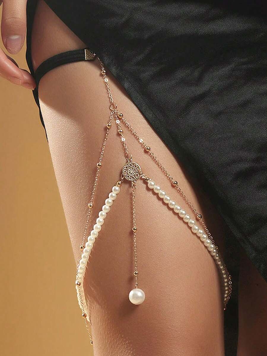 1pc Summer Sexy Gothic Style Lace Crystal Tassels Pearl Leg Chain, Suitable For Women Beach Resort Nightclub Party Leg Dress Accessories
