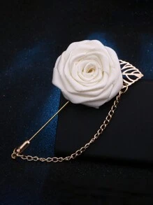 1pc Groom's Satin Lapel Pin With Chain, Golden Leaf & Rose Design For Men's Suit, Suit Decoration For Groomsman, Best Man, Dancing Party, Banquet Valentine's Day Valentines