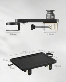 VASAGLE Table de Chevet, Plateau de Lit, Étagère de Lit, pour Lit Superposé, pour Lit Mezzanine, Emplacement pour Téléphone, Porte-Verre Rotatif, Crochet, Pinces Réglables, Noir d'Encre - Noir - Voir 5
