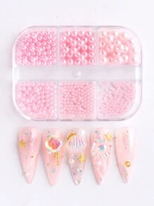6格圆形粉色珍珠混合尺寸可爱粉色珠子DIY饰品美甲装饰树脂精美美甲配件美甲宝石美甲用品美甲 - 粉色 - 查看 4